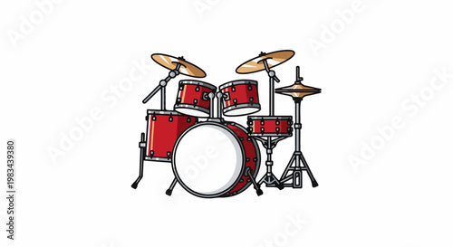 A vibrant red drum kit with multiple drums and cymbals stands on a white background