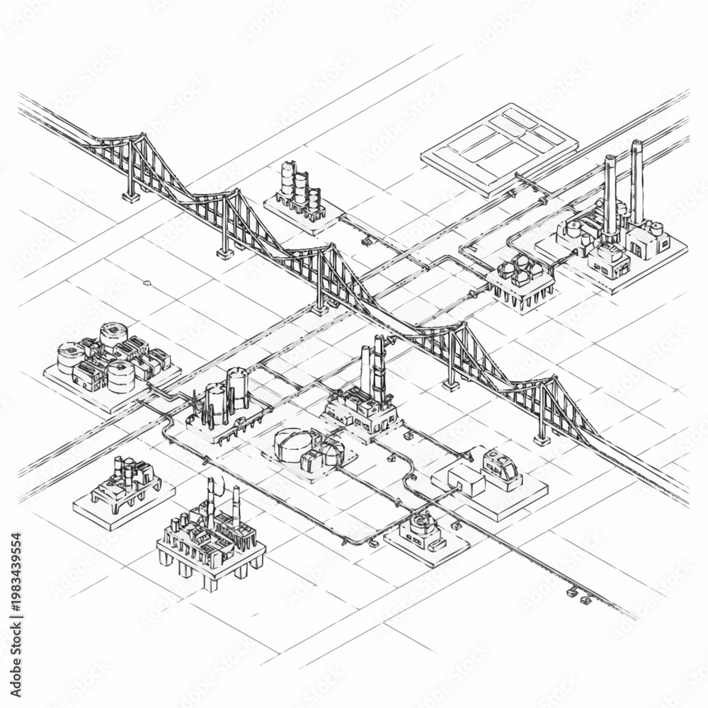 Fototapeta premium Industrial complex with bridges and pipelines, isometric view, black and white sketch.