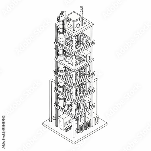 Isometric illustration of a complex industrial distillation column with multiple stages and equipment.