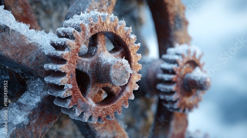 Clockwork gears within ice and snow, shown close-up with droplets