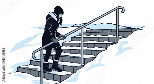 Person climbs snowy stairs with handrail
