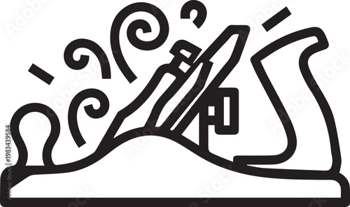 Premium Black & White Hand Plane Woodworking Tool Icon with Shavings Flying – Perfect for Carpentry Guides, DIY Tutorials, Furniture Design Portfolios, Woodworking Blogs, Craftsmen Manuals