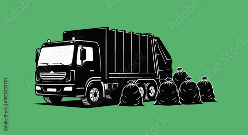 Black and white graphic of a sanitation truck collecting garbage bags