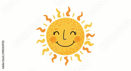 Cheerful cartoon sun with a happy face, beaming rays of light, and rosy cheeks