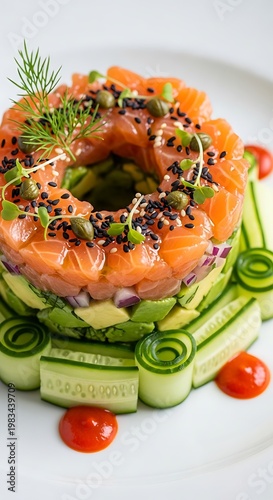 Exquisite Salmon Tartare Tower with Avocado and Cucumber.