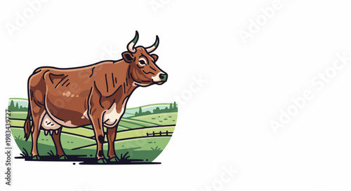 Brown cow standing in a lush green pasture with rolling hills