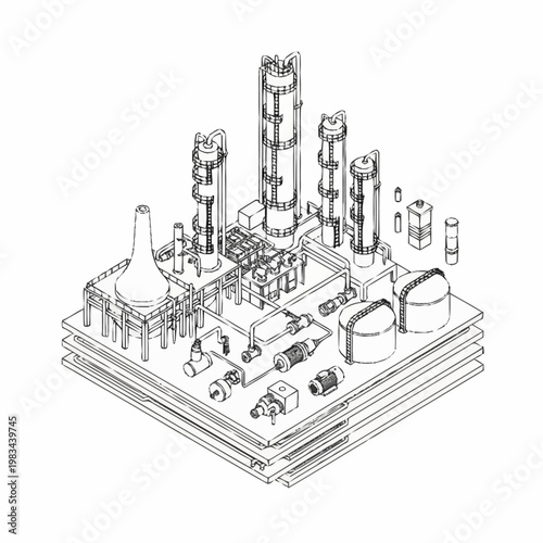 Isometric line drawing illustration of a complex industrial chemical plant with distillation towers and storage tanks.