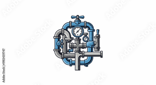 Intricate plumbing system with gauges and valves