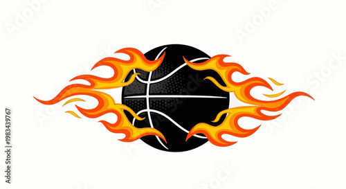 Black basketball with vibrant orange and yellow flames engulfing it