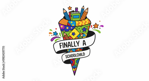 Colorful cone filled with school supplies and confetti