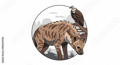Hyena and vulture in a natural, somewhat barren landscape