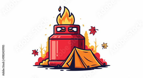 Camping trip with a gas stove in a stylized outdoor scene