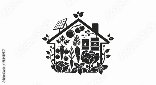 Eco-friendly house with solar panels and garden, barrels represent resources