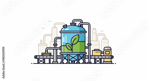 A stylized illustration of a biofuel or green energy production facility