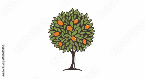 A stylized illustration of a round leafy tree bearing multiple bright orange fruits