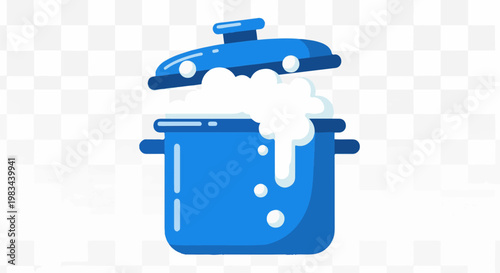 Blue pot with boiling white foam and lid slightly ajar