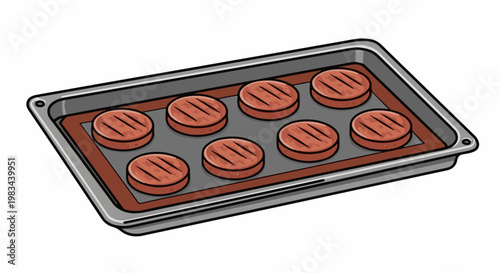 Eight grilled burger patties rest on a grey baking tray