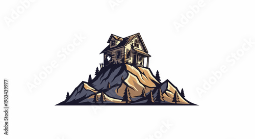 An old, abandoned house sits atop a rocky, tree-covered mountain