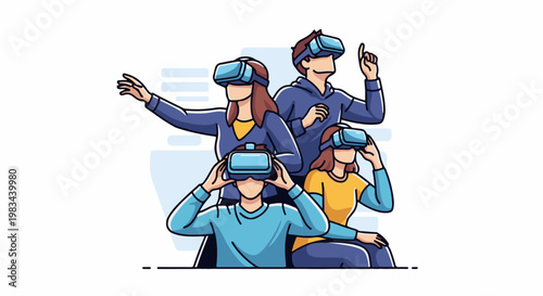 Diverse group experiences virtual reality together, engaging with unseen worlds