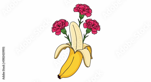 An open banana with three pink flowers blooming from its center