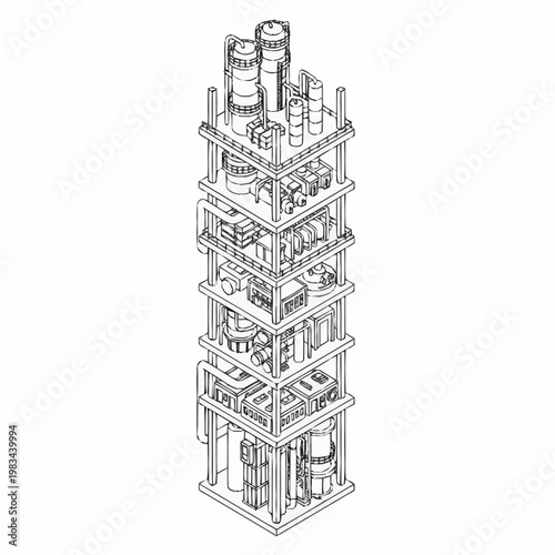 Detailed isometric line drawing of a complex industrial processing unit with multiple levels and interconnected machinery.