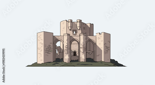 Ancient fortress ruins with arched entrances and crenellated towers
