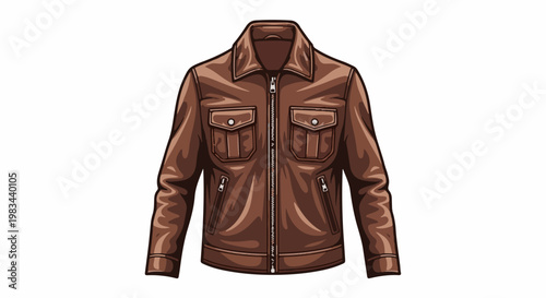 Brown leather jacket with silver zipper and chest pockets