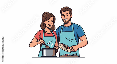 Couple happily preparing food together in kitchen