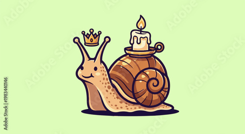 A whimsical snail wears a crown and carries a lit candle on its shell