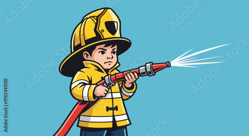 Child firefighter in yellow gear sprays water from a hose