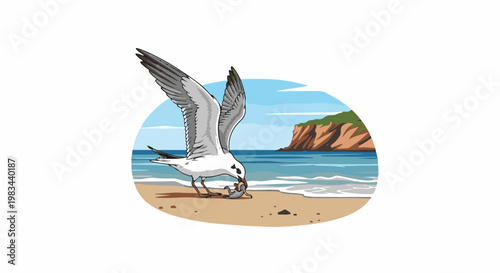 Bird on beach eating fish with island and ocean background