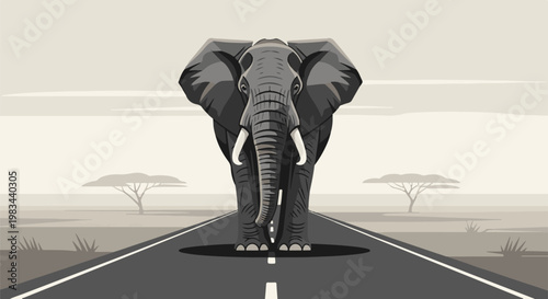 An elephant stands imposingly on an asphalt road in a savanna landscape