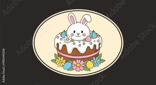 Cute Easter bunny peeking from a decorated cake with colorful eggs