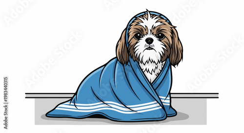 Cute fluffy dog wrapped in a cozy blue towel after bath