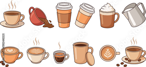 Coffee Cup Icon Set Cafe Drink Collection Latte Cappuccino Barista Vector Illustration