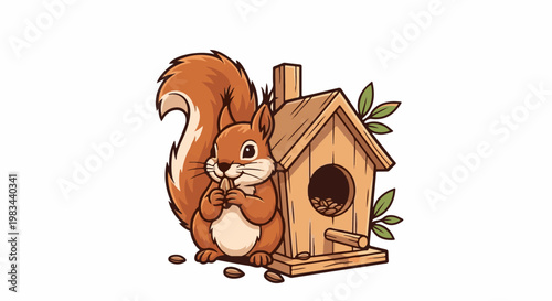 Cute cartoon squirrel with big bushy tail sits by a wooden bird feeder