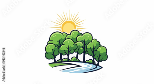 A vibrant illustration of a sunny day over a lush forest and winding river
