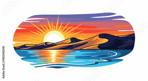 Desert landscape with sun setting over dunes reflected in water