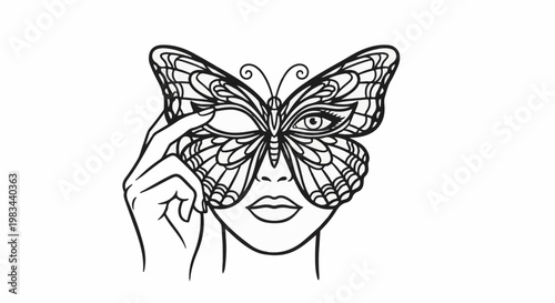 Elegant hand partially conceals ornate butterfly mask over a person's face