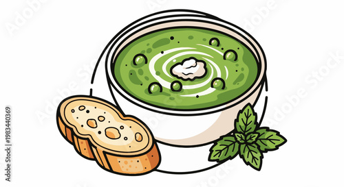 Delicious green soup in bowl with bread and mint leaves