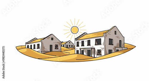 Deserted structures bathed in harsh sunlight, sand engulfs ruined buildings