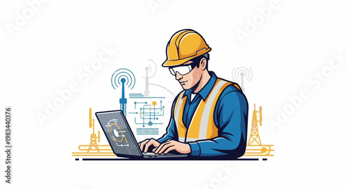 A technician in a hard hat and safety vest works on a laptop with communication towers in background