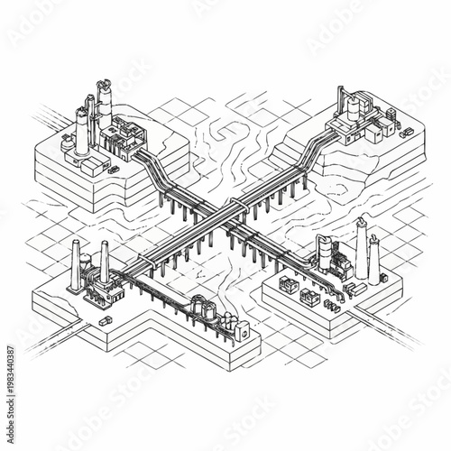 Isometric illustration of industrial factories connected by pipelines and bridges over water.