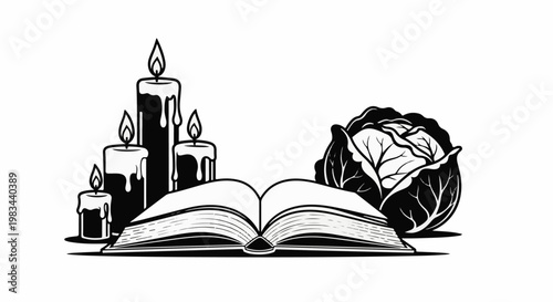 Five lit candles beside an open book and a cabbage