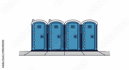 Four blue portable toilets lined up on a concrete sidewalk