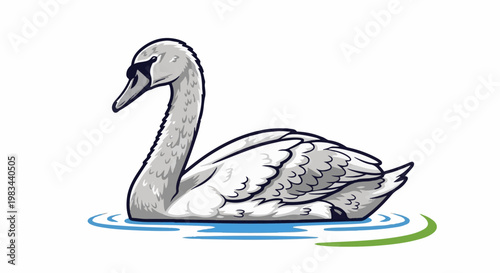 Graceful white swan with grey markings floats serenely on rippling blue water