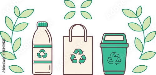 Recycling concept with plastic bottle, paper bag, and waste bin decorated with green leaf sprigs