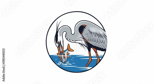 Heron catches fish in water within a circular frame