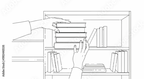 Hands organize books on a shelf, one stack being placed