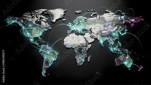 Wallpaper Mural Description:
A futuristic digital world map displayed on a dark background, highlighting global connectivity through glowing nodes and flowing network lines. Continents are illuminated Torontodigital.ca